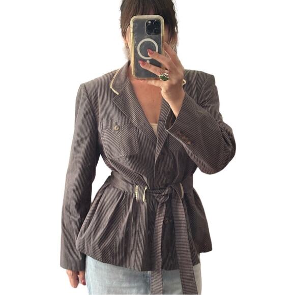 Apostrophe Cotton Striped Blazer Jacket With Belt - Picture 1 of 5